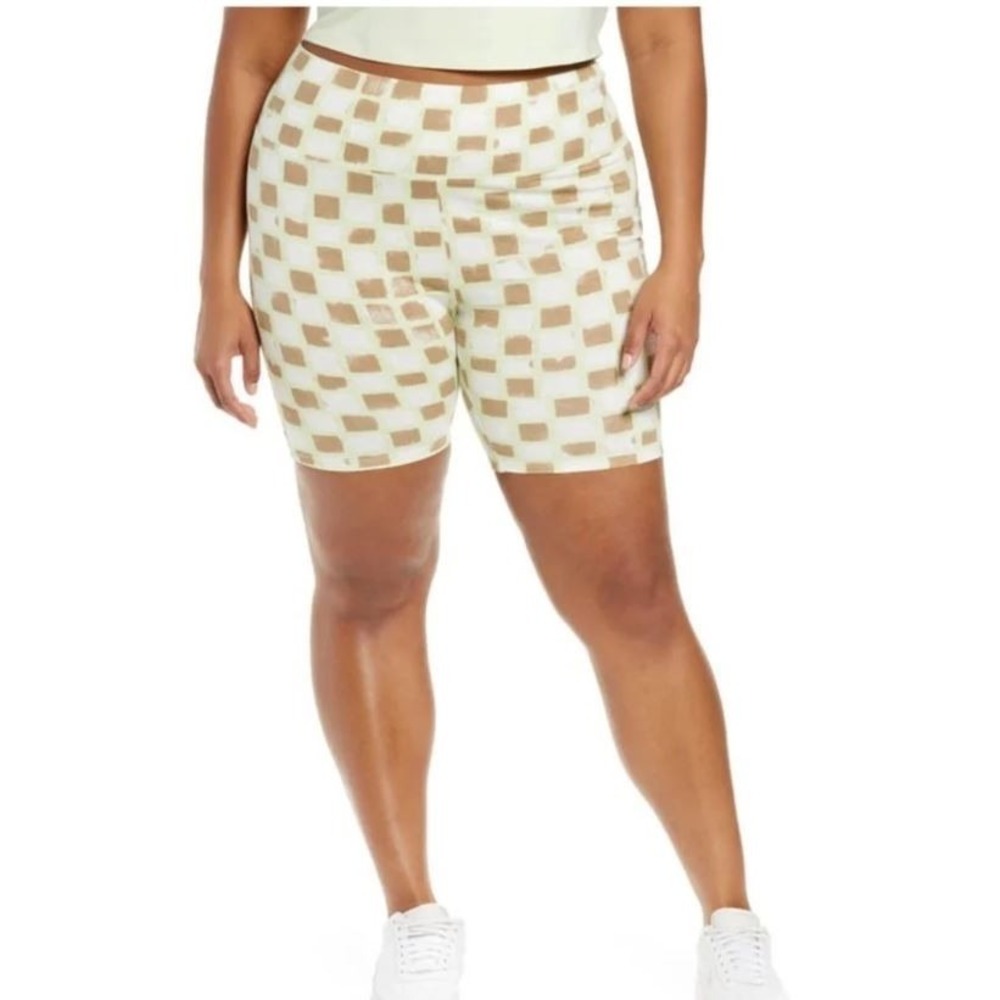 BP. Women's High Waist Cotton Blend Bike Shorts in Green Ivory Tic Tac Check 1X